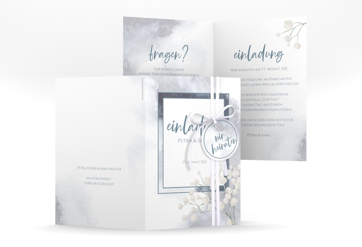 Einladungskarte Hochzeit Winter A6 Klappkarte hoch mit Schleierkraut
