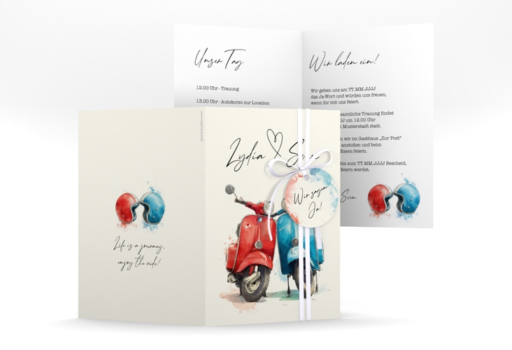 Einladungskarte Hochzeit Retro Roller A6 Klappkarte hoch mit zwei aneinander gelehnten Motorrollern