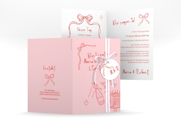 Einladungskarte Hochzeit Doodle A6 Klappkarte hoch rosa