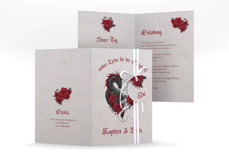 Einladungskarte Hochzeit Drachenliebe A6 Klappkarte hoch grau mit schwarzem und weißem Drachen zu einem Herz verschlungen