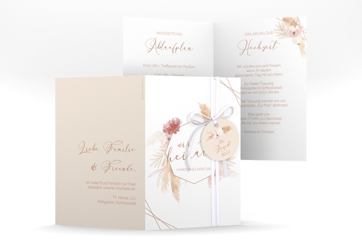 Einladungskarte Hochzeit Bohostyle A6 Klappkarte hoch beige hochglanz mit Pampasgras in Aquarell