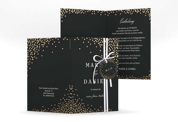 Einladungskarte Hochzeit Glitter A6 Klappkarte hoch schwarz hochglanz