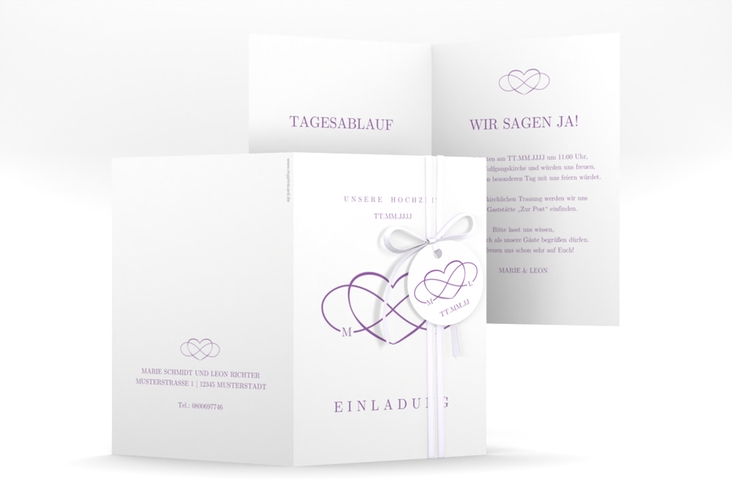 Einladungskarte Hochzeit Infinity A6 Klappkarte hoch lila hochglanz
