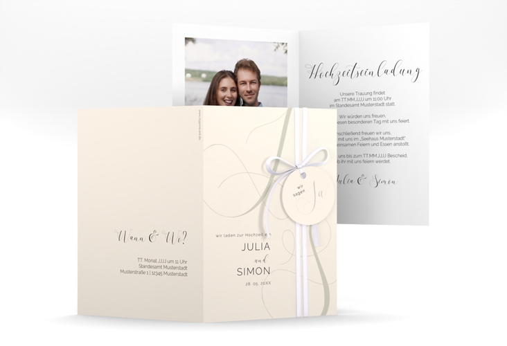 Hochzeitseinladung Eheschließung A6 Klappkarte hoch beige hochglanz mit Gräsern und Trockenblumen für Boho-Hochzeit