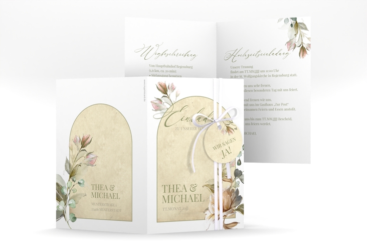 Einladungskarte Hochzeit Dornröschen A6 Klappkarte hoch weiss mit Aquarell-Rosen im Vintage-Look