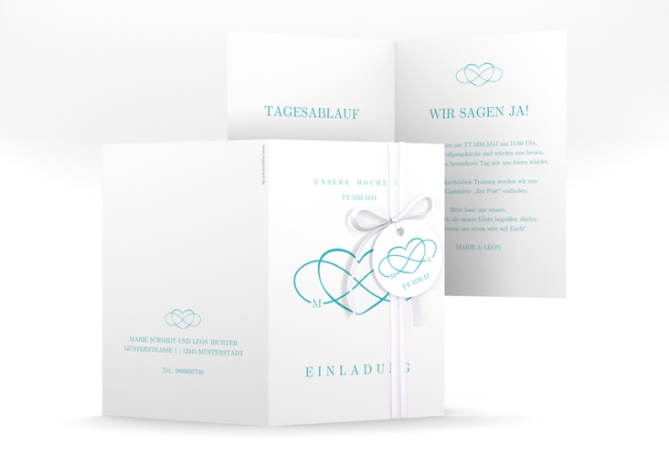 Einladungskarte Hochzeit Infinity A6 Klappkarte hoch tuerkis hochglanz