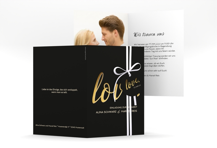 Einladungskarte Hochzeit Glam A6 Klappkarte hoch schwarz hochglanz