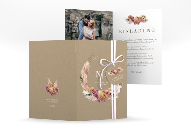 Einladungskarte Hochzeit Bohochic A6 Klappkarte hoch Kraftpapier hochglanz mit Gräsern und Trockenblumen für Boho-Hochzeit