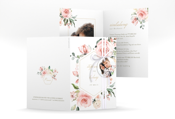 Einladungskarte Hochzeit Graceful A6 Klappkarte hoch weiss hochglanz mit Rosenblüten in Rosa und Weiß