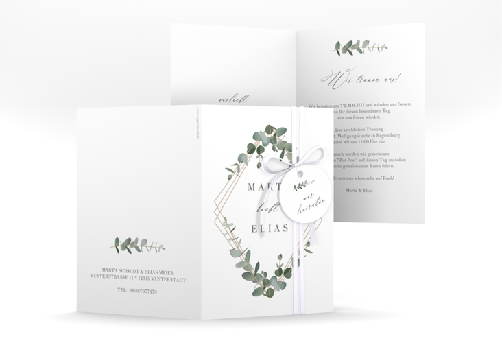 Einladungskarte Hochzeit Eukalyptus A6 Klappkarte hoch weiss hochglanz