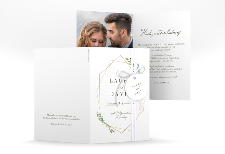 Einladungskarte Hochzeit Herbarium A6 Klappkarte hoch mit geometrischem Rahmen und Blätter-Dekor