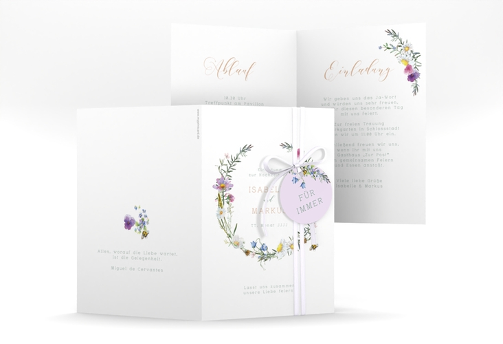 Einladungskarte Hochzeit Blumengarten A6 Klappkarte hoch bunt hochglanz mit Blumenkranz und Hummel