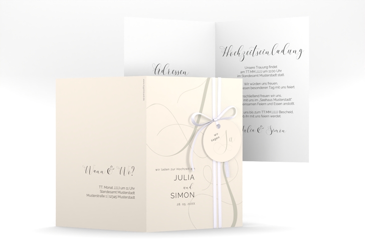 Hochzeitseinladung Eheschließung A6 Klappkarte hoch beige mit Gräsern und Trockenblumen für Boho-Hochzeit