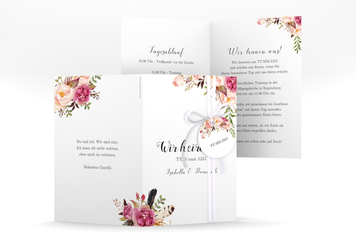Einladungskarte Hochzeit Flowers A6 Klappkarte hoch weiss hochglanz mit bunten Aquarell-Blumen