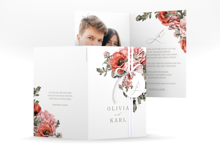 Einladungskarte Hochzeit Grazioso A6 Klappkarte hoch hochglanz modern mit Mohnblumen und Rosen