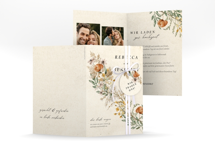 Einladungskarte Hochzeit Wildfang A6 Klappkarte hoch mit getrockneten Wiesenblumen