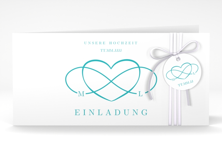 Hochzeitseinladung Infinity lange Klappkarte quer tuerkis hochglanz