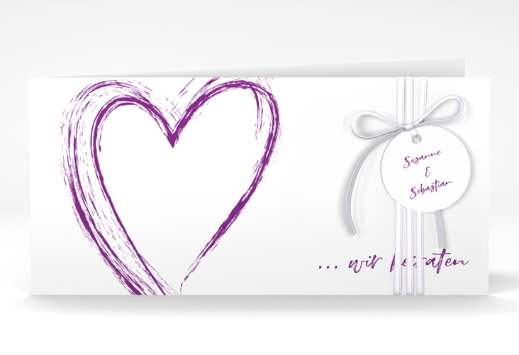 Hochzeitseinladung Liebe lange Klappkarte quer lila hochglanz