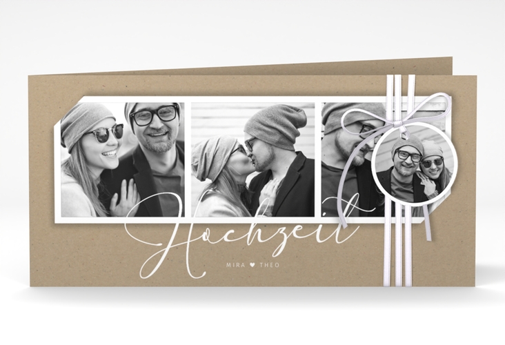 Hochzeitseinladung Crafty lange Klappkarte quer hochglanz mit drei Fotos
