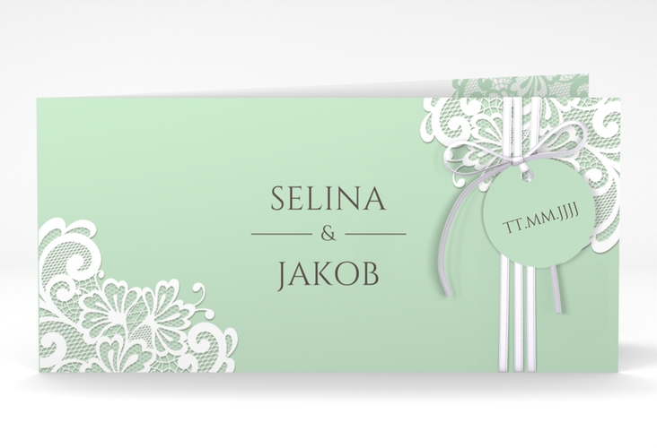 Hochzeitseinladung Vintage lange Klappkarte quer mint mit floraler Spitze