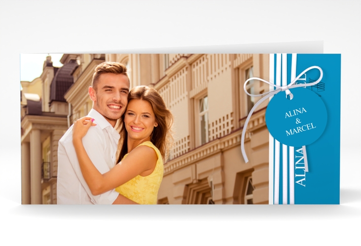 Hochzeitseinladung Classic lange Klappkarte quer blau
