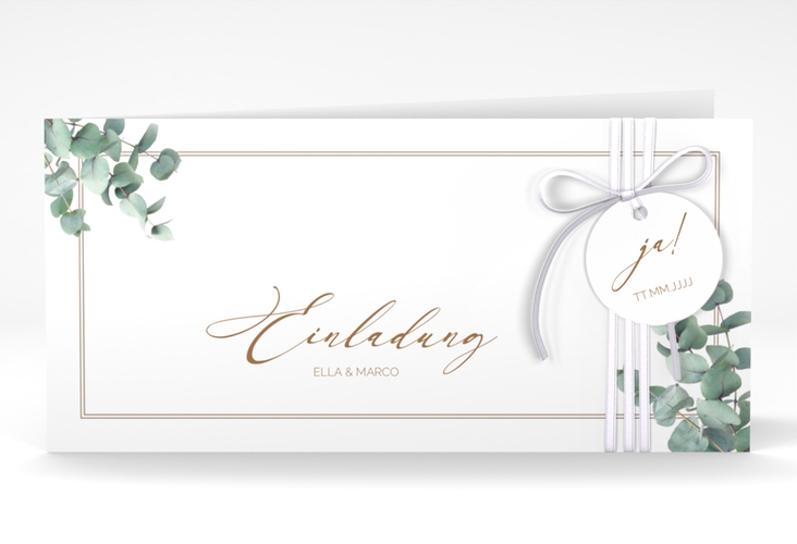 Hochzeitseinladung Eucalypt lange Klappkarte quer weiss mit Eukalyptus und edlem Rahmen