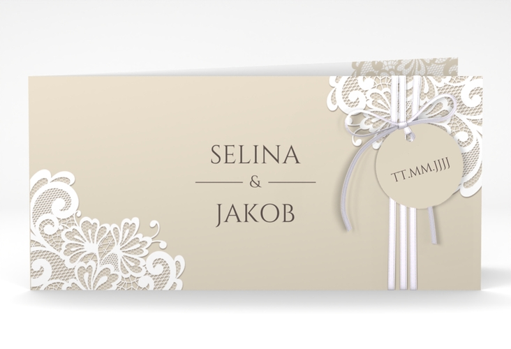Hochzeitseinladung Vintage lange Klappkarte quer beige mit floraler Spitze