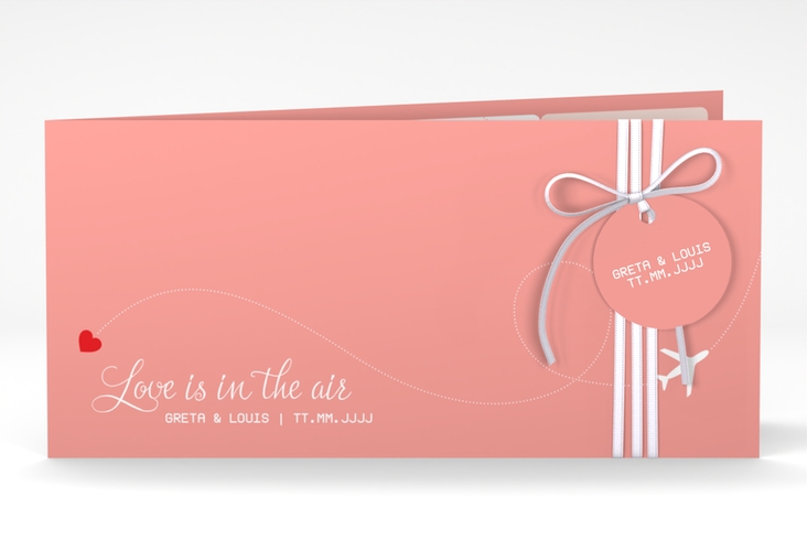 Hochzeitseinladung Weddingpass lange Klappkarte quer rosa hochglanz