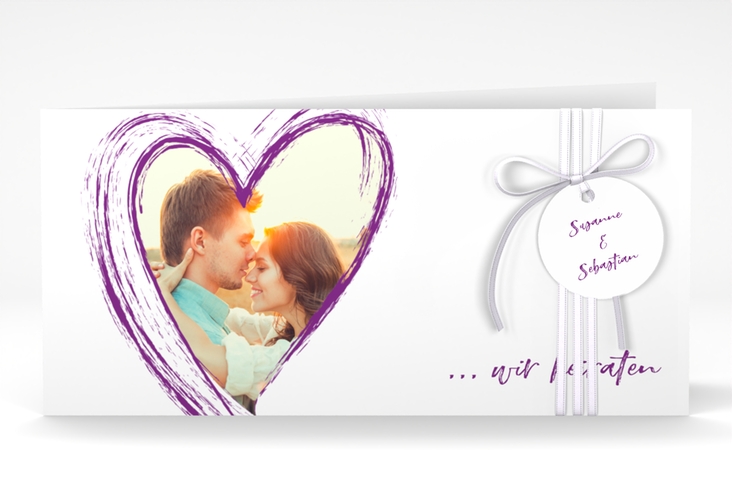 Hochzeitseinladung Liebe lange Klappkarte quer lila hochglanz