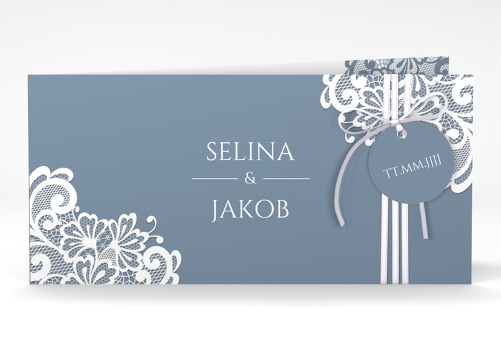 Hochzeitseinladung Vintage lange Klappkarte quer blau mit floraler Spitze
