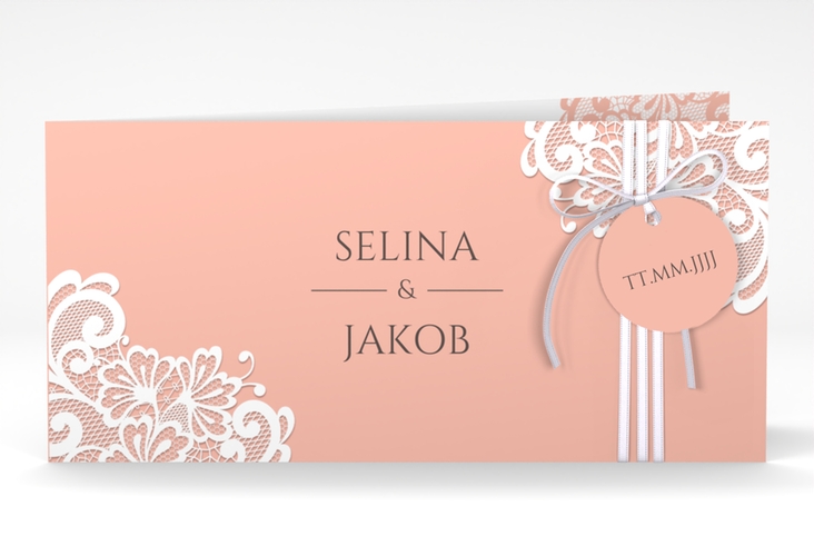 Hochzeitseinladung Vintage lange Klappkarte quer apricot mit floraler Spitze