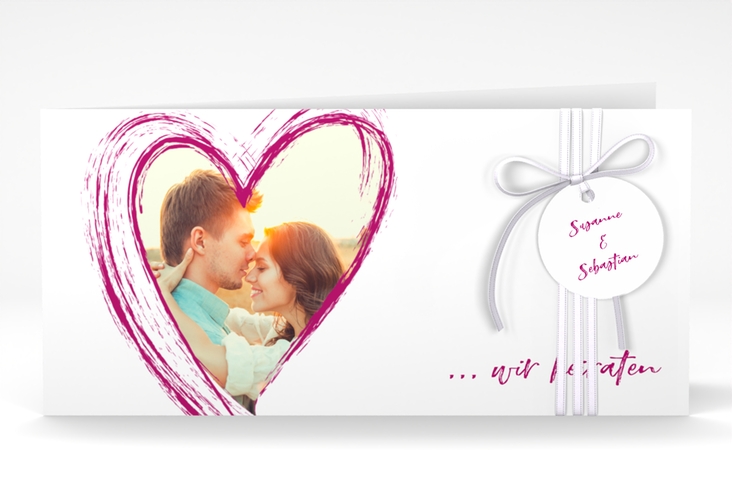 Hochzeitseinladung Liebe lange Klappkarte quer pink hochglanz