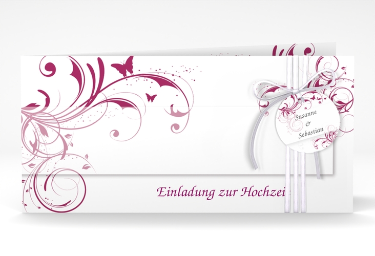 Hochzeitseinladung Palma lange Klappkarte quer pink hochglanz