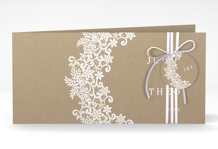 Hochzeitseinladung Mariage lange Klappkarte quer Kraftpapier hochglanz mit Bogen aus weißer Spitze