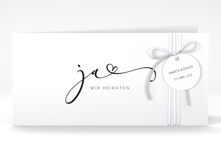 Hochzeitseinladung Jawort lange Klappkarte quer weiss hochglanz modern minimalistisch mit veredelter Aufschrift