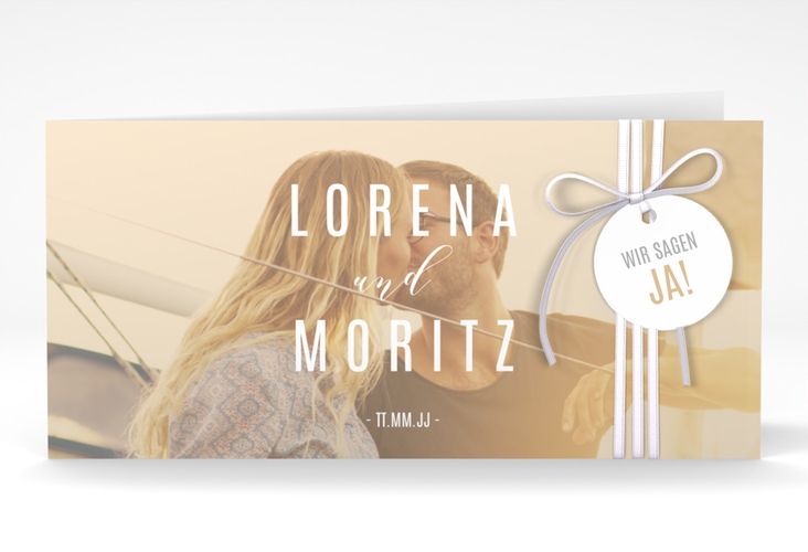 Hochzeitseinladung Memory lange Klappkarte quer beige