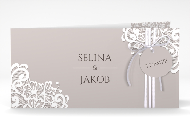 Hochzeitseinladung Vintage lange Klappkarte quer grau mit floraler Spitze
