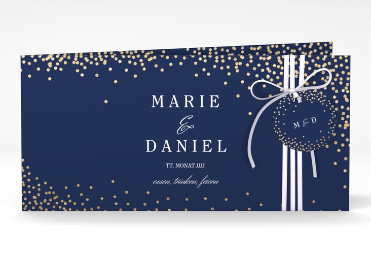 Hochzeitseinladung Glitter lange Klappkarte quer blau hochglanz