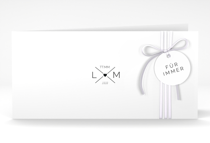 Hochzeitseinladung Initials lange Klappkarte quer schwarz mit Initialen im minimalistischen Design
