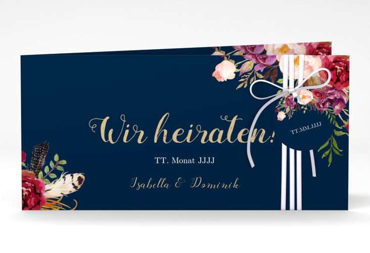 Hochzeitseinladung Flowers lange Klappkarte quer blau hochglanz mit bunten Aquarell-Blumen