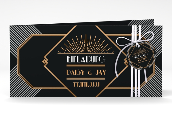 Hochzeitseinladung Gatsby lange Klappkarte quer schwarz im 20er-Jahre-Stil