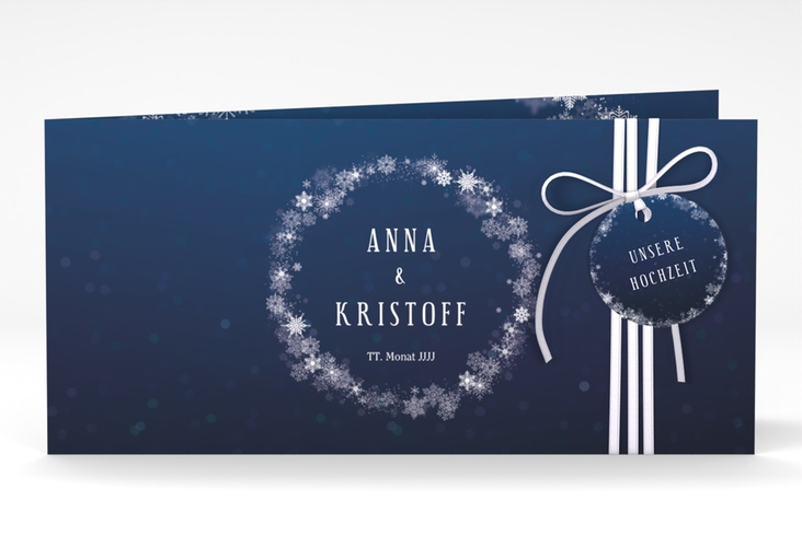 Hochzeitseinladung Winterdream lange Klappkarte quer blau mit Eisblumen