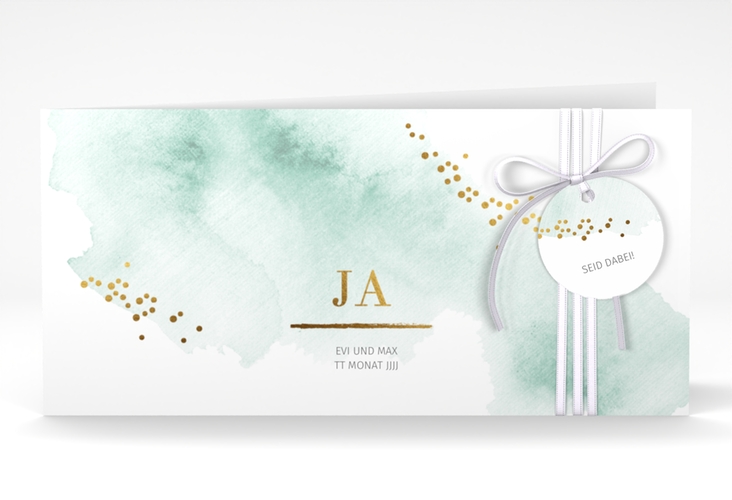 Hochzeitseinladung Pastell lange Klappkarte quer mint hochglanz