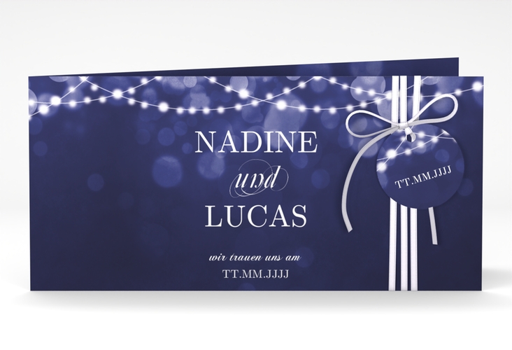 Hochzeitseinladung Lichtspiel lange Klappkarte quer blau