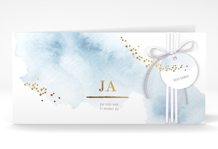 Hochzeitseinladung Pastell lange Klappkarte quer blau hochglanz