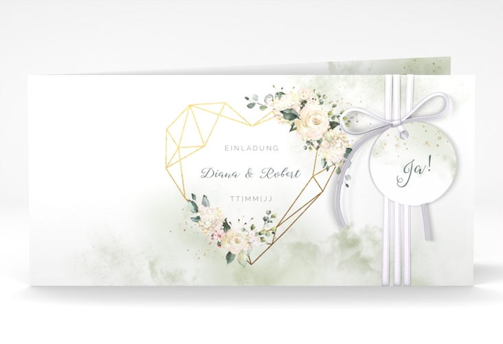 Hochzeitseinladung Adore lange Klappkarte quer gruen hochglanz