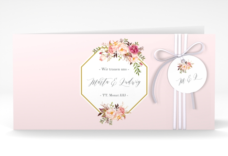 Hochzeitseinladung Prachtvoll lange Klappkarte quer rosa hochglanz