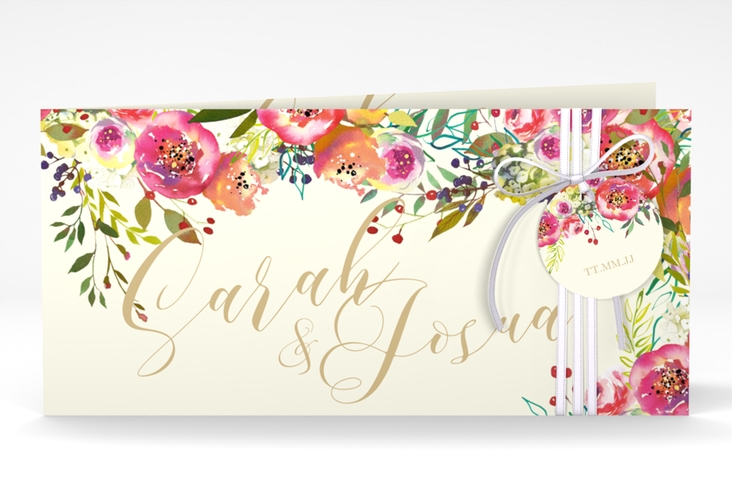 Hochzeitseinladung Flowerbomb lange Klappkarte quer beige hochglanz