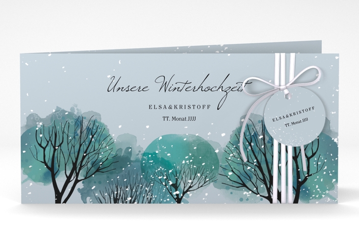 Hochzeitseinladung "Winterhochzeit" lange Klappkarte quer blau