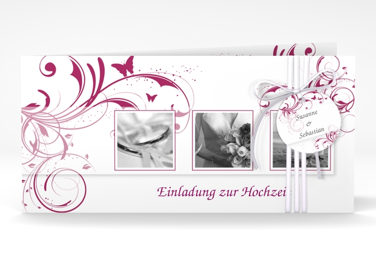 Hochzeitseinladung Palma lange Klappkarte quer pink